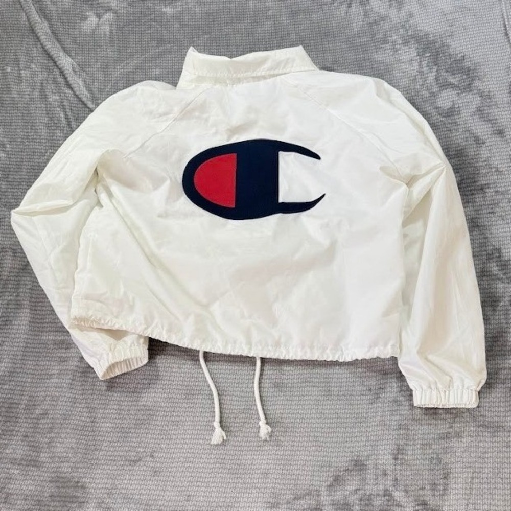 Champion Womens White Coaches Jacket Snap Front Windbreaker Large‎ Cropped.
